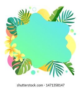 Abstract liquid gradient spots with tropical leaves. Set with abstract elements for fashionable green, turquoise, yellow, pink color design. Vector illustration on isolated background.