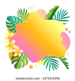 Abstract liquid gradient spots with tropical leaves. Set with abstract elements for fashionable yellow, pink, orange, green color design. Vector illustration on isolated background. 