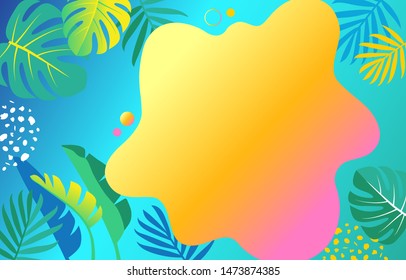 Abstract liquid gradient spots with tropical leaves. Set with abstract elements for fashionable yellow, pink, orange, green, blue color design. Vector illustration on blue gradient background.