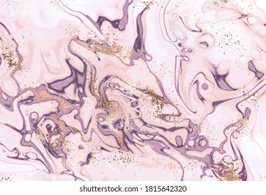 Abstract liquid ink painting art background with gold glitter dust and splash.