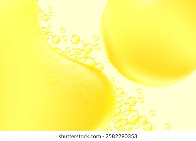 Abstract liquid lemon yellow texture, golden holographic liquid oil or serum with flowing bubbles fizz background with copy space. Fluid organic forms, smooth fluid gel, collagen