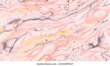 Abstract liquid marble background design with colorful mineral texture and gold splatter.