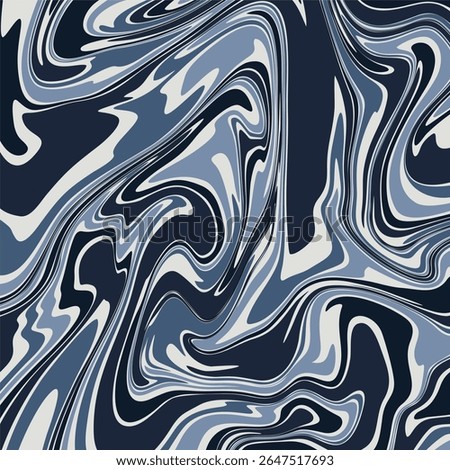 An abstract liquid marble background featuring a cool color palette. Fluid, swirling patterns of navy blue, slate blue, light blue, and off white intermingle.
