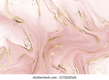 Abstract liquid marble background print with gold texture and glitter splatter.