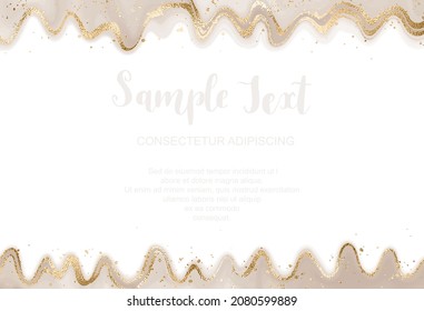 Abstract liquid marble border background design with gold waves and glitter confetti.