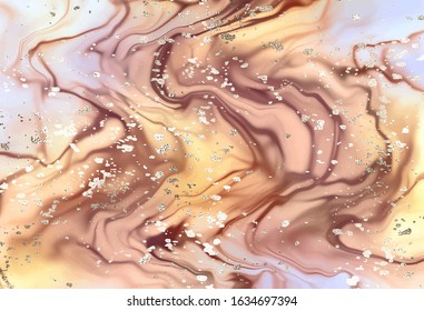 Abstract liquid marble painting background design with gold glitter spray texture.