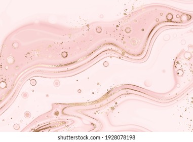 Abstract liquid marble painting background print with gold glitter texture.