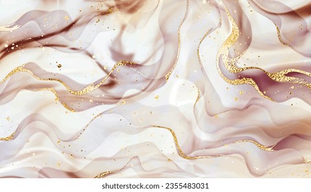 Abstract liquid marble painting background texture with gold waves and dust.