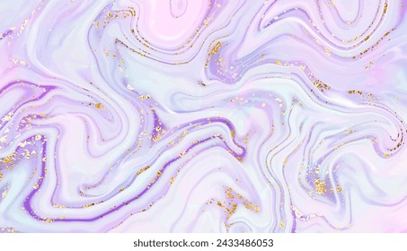 Abstract liquid marble painting background design with smooth waves and gold glitter splatter.