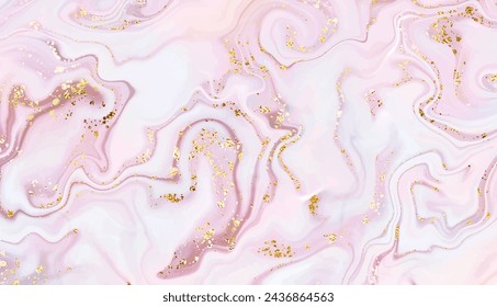Abstract liquid marble painting background design with smooth waves and gold glitter.
