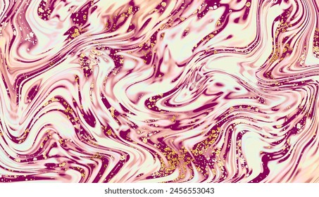 Abstract liquid marble painting background design with smooth waves and gold glitter.