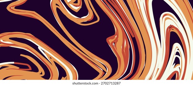 Uma textura de mármore líquido abstrato. O design apresenta um padrão de redemoinho de cores intermináveis, principalmente tons de laranja, marrom, bege e e um muito escuro, quase preto, roxo.