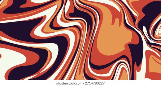 Una textura de mármol líquido abstracto. El diseño presenta un patrón de remolino de colores entremezclados, principalmente tonos de naranja, marrón, beige y un muy oscuro, casi negro, púrpura. Vector Eps 10