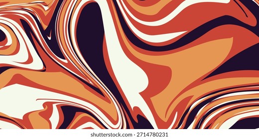 An abstract liquid marble texture. The design features a swirling pattern of intermingling colors, primarily shades of orange, brown, beige, and a very dark, almost black, purple. Vector Illustration