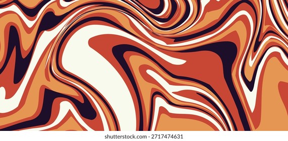 Una textura de mármol líquido abstracto. El diseño presenta un patrón de remolinos de colores entremezclados, principalmente tonos de naranja, marrón, beige y un color púrpura muy oscuro, casi negro. Vector Eps 10