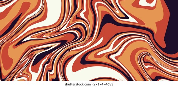 Uma textura de mármore líquido abstrato. O design apresenta um padrão de redemoinho de cores intermináveis, principalmente tons de laranja, marrom, bege e e um muito escuro, quase preto, roxo.