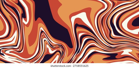 Eine abstrakte Textur aus flüssigem Marmor. Das Design zeichnet sich durch ein wirbelndes Muster aus miteinander vermischten Farben aus, in erster Linie Orange-, Braun-, Beige- und ein sehr dunkles, fast schwarzes, violettes. 10 EPS 