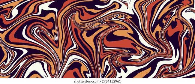 An abstract liquid marble texture. The design features a swirling pattern of intermingling colors, primarily shades of orange, brown, beige, and a very dark, almost black, purple.