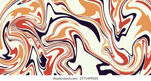 An abstract liquid marble texture. The design features a swirling pattern of intermingling colors, primarily shades of orange, brown, beige, and a very dark, almost black, purple. Vector Illustration