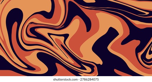 An abstract liquid marble texture. The design features a swirling pattern of intermingling colors, primarily shades of orange, brown, beige, and a very dark, almost black, purple. eps10 vector