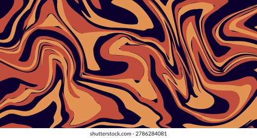 An abstract liquid marble texture. The design features a swirling pattern of intermingling colors, primarily shades of orange, brown, beige, and a very dark, almost black, purple. Vector Illustration