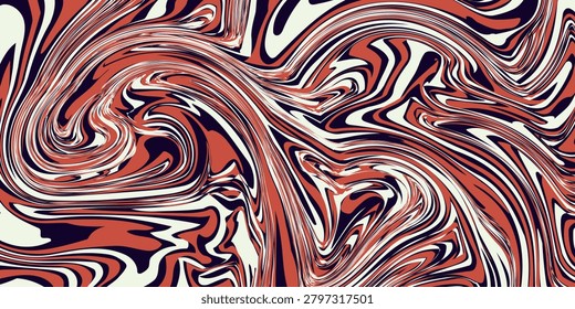 An abstract liquid marble texture. The design features a swirling pattern of intermingling colors, primarily shades of orange, brown, beige, and a very dark, almost black, purple. Vector Illustration