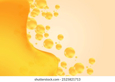 Textura de soro de óleo líquido abstrato, amarelo, fórmula de solução de fluido holográfico dourado, formas orgânicas com bolhas de fluxo espumantes, fundo com espaço de cópia. Gel fluido liso científico, colagênio