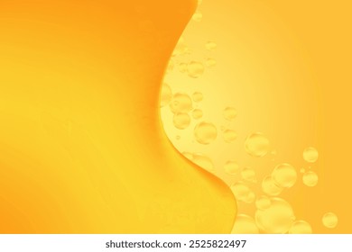 Abstract liquid oil serum texture, yellow, gold holographic fluid solution formula, organic forms with sparkling flowing bubbles, background with copy space. Scientific smooth fluid gel, collagen