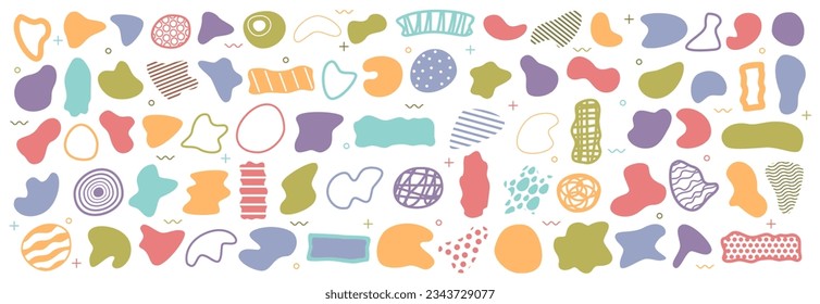 Abstract liquid organic shape blob, random blotch or inkblot flat cartoon set. Blobs and fleck graphic, drop of liquid, fluid. Ink stain, mottle spot irregular shape. Basic and smooth forms