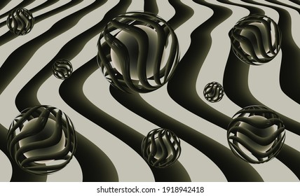 Abstract liquid paint background with openwork spheres. Vector illustration