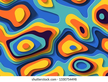 Abstract liquid paper cut background. Multicolored fluid lava stains. Geometric topography footprints.