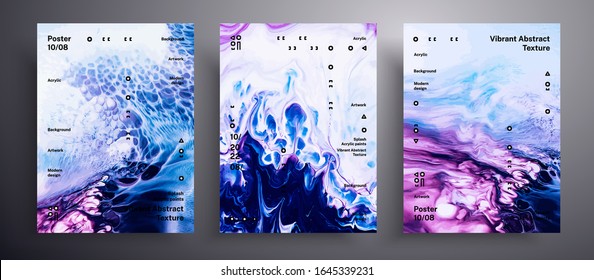 Abstract liquid placard, fluid art vector texture pack. Trendy background that applicable for design cover, invitation, presentation and etc. Blue, purple and white universal trendy painting backdrop