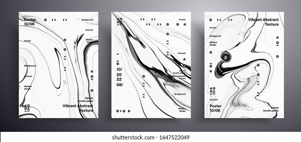 Abstract liquid placard, fluid art vector texture pack. Beautiful background that can be used for design cover, invitation, presentation and etc. White, black and grey creative surface template