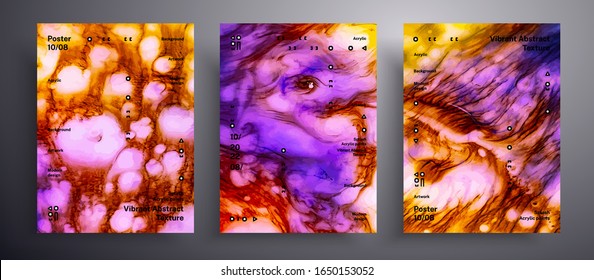 Abstract liquid placard, fluid art vector texture collection. Artistic background that applicable for design cover, invitation, flyer and etc. Orange, yellow and purple creative iridescent artwork