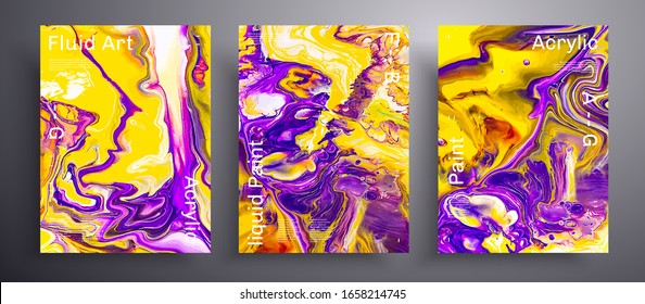 Abstract liquid placard, fluid art vector texture set. Beautiful background that applicable for design cover, poster, brochure and etc. Yellow, purple, orange and white creative iridescent artwork