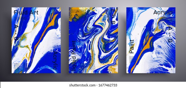 Abstract liquid placard, fluid art vector texture collection. Trendy background that can be used for design cover, poster, brochure and etc. Blue, golden and white creative iridescent artwork