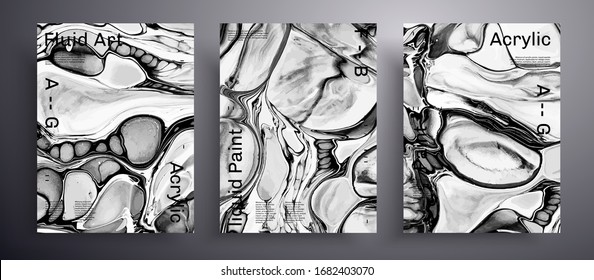 Abstract liquid placard, fluid art vector texture pack. Trendy background that can be used for design cover, invitation, presentation and etc. Grey, black and white creative iridescent artwork