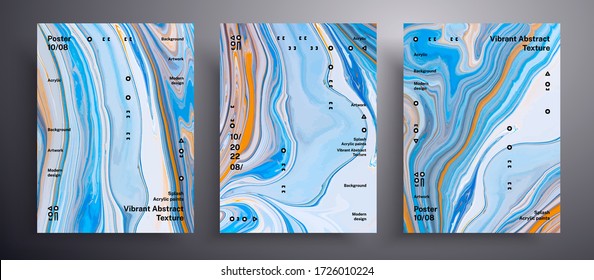 Abstract liquid placard, fluid art texture collection. Trendy background that applicable for design cover, invitation, presentation and etc. Blue, white and golden universal trendy painting backdrop