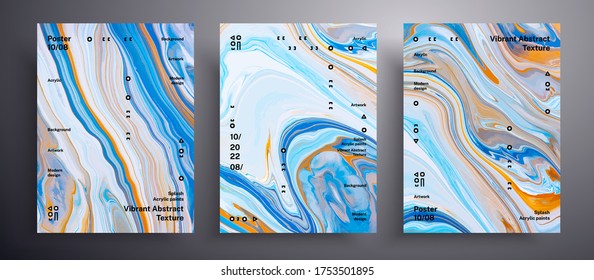 Abstract liquid placard, fluid art vector texture set. Beautiful background that can be used for design cover, invitation, flyer and etc. Blue, white and golden creative iridescent artwork