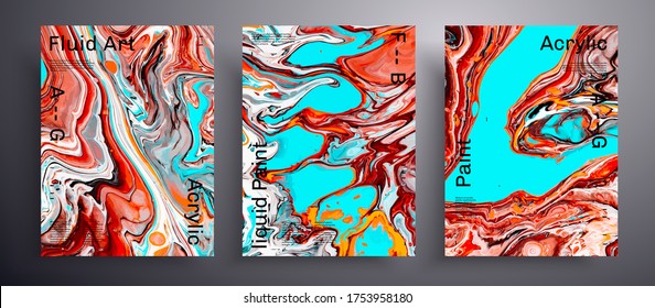 Abstract liquid placard, fluid art vector texture set. Artistic background that applicable for design cover, invitation, flyer and etc. Orange, aquamarine and white unusual creative surface template
