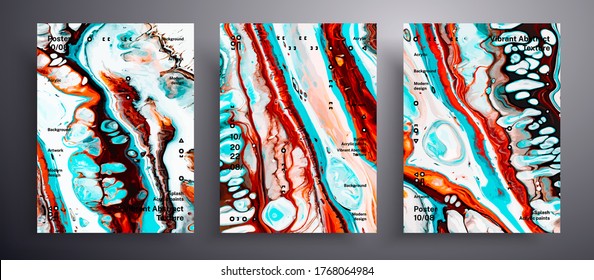 Abstract liquid placard, fluid art vector texture collection. Artistic background that applicable for design cover, invitation, flyer and etc. Orange, blue and white unusual creative surface template