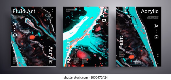 Abstract liquid placard, fluid art vector texture set. Artistic background that can be used for design cover, poster, brochure and etc. Black, blue and orange creative iridescent artwork.