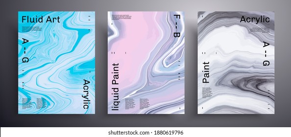 Abstract liquid placard, fluid art vector texture pack. Trendy background that can be used for design cover, invitation, presentation and etc. Blue, pink and black creative iridescent artwork.