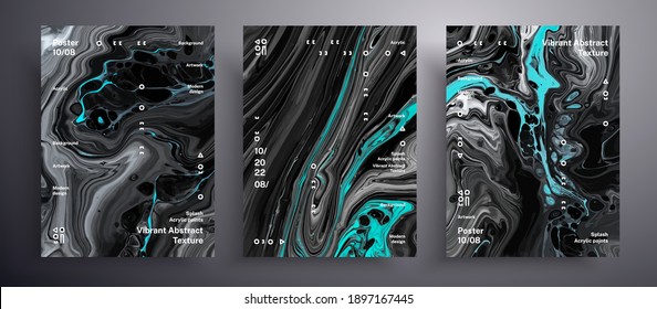 Abstract liquid placard, fluid art vector texture set. Trendy background that applicable for design cover, poster, brochure and etc. Black, white and aquamarine creative iridescent artwork.