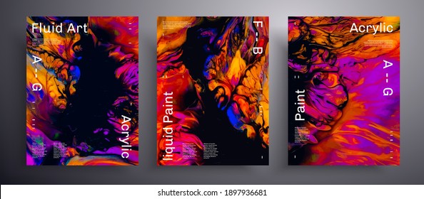 Abstract liquid placard, fluid art vector texture pack. Beautiful background that applicable for design cover, invitation, flyer and etc. Purple, blue, orange and black creative iridescent artwork.
