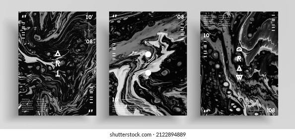 Abstract liquid placard, fluid art vector texture pack. Artistic background that can be used for design cover, invitation, flyer and etc. Black and white universal trendy painting backdrop.