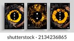 Abstract liquid poster, fluid art vector texture pack. Trendy background that applicable for design cover, invitation, presentation and etc. Black, yellow and brown unusual creative surface template.