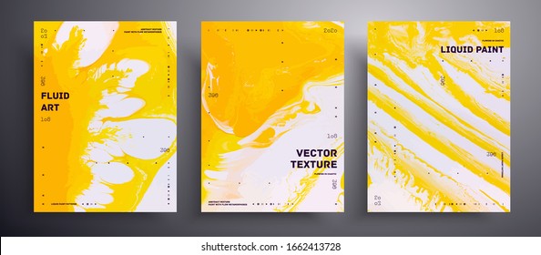 Abstract liquid poster, fluid art vector texture collection. Artistic background that applicable for design cover, invitation, flyer and etc. Yellow and white universal trendy painting backdrop