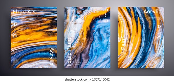Abstract Liquid Poster, Fluid Art Vector Texture Pack. Artistic Background That Can Be Used For Design Cover, Invitation, Flyer And Etc. Blue, Orange And White Unusual Creative Surface Template