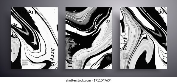 Abstract liquid poster, fluid art vector texture set. Artistic background that can be used for design cover, poster, brochure and etc. Black and white universal trendy painting backdrop